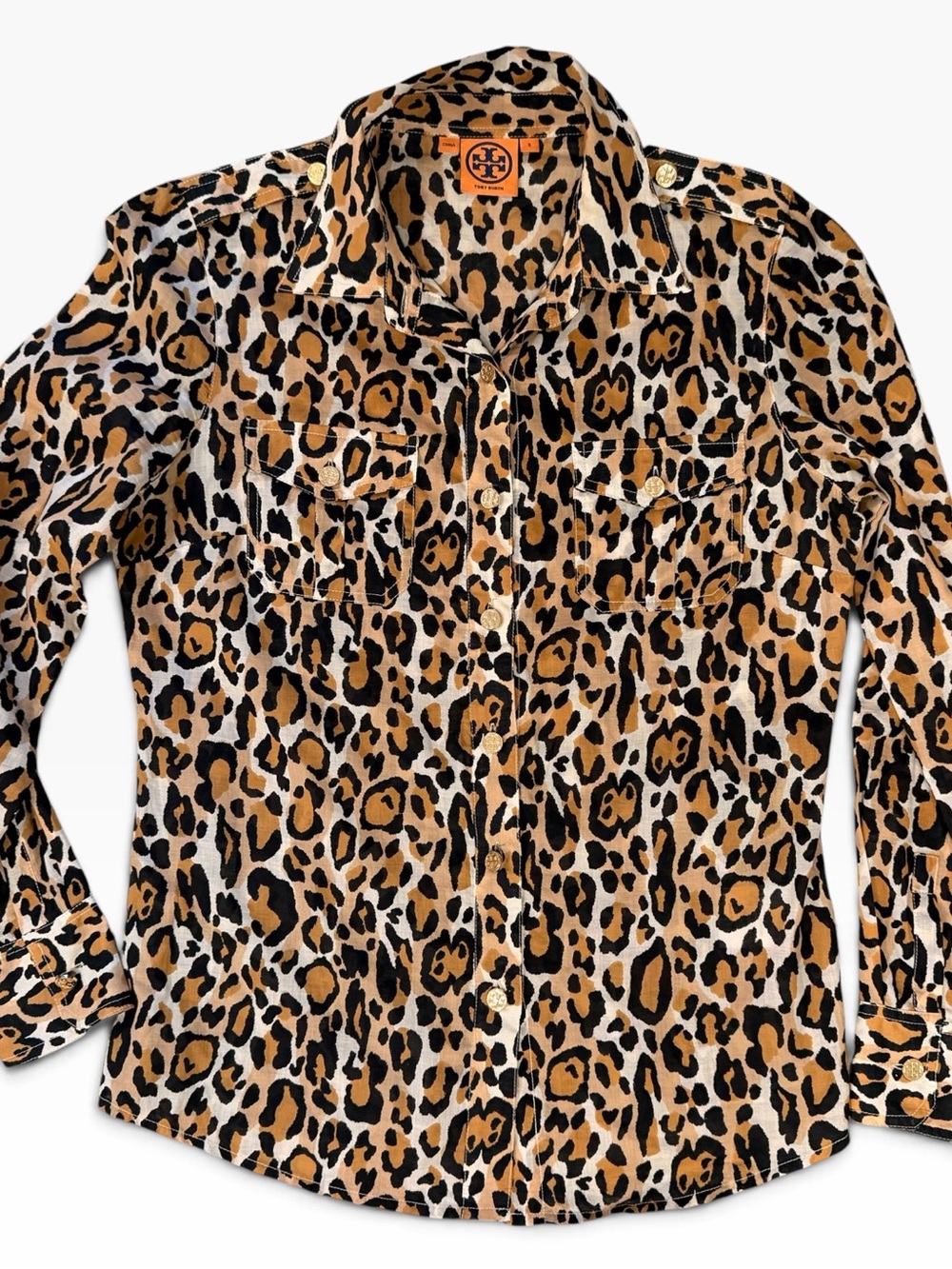 Tory Burch Leopard Print Cotton Button Up Shirt Gold Logo Buttons Size 8